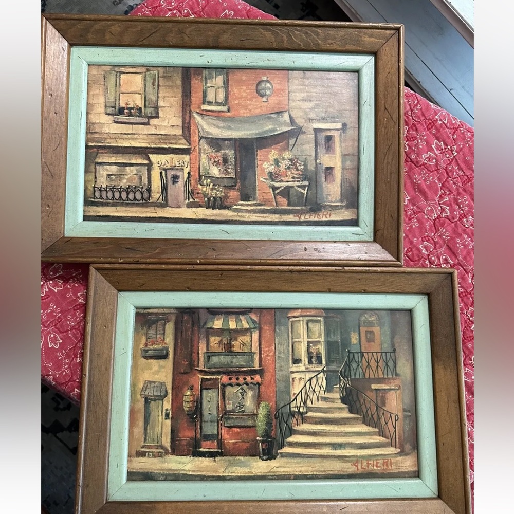 Lot Of 2 Philippe Alfieri Wood Framed Prints Flower Shop Asian Shop Mint Mat